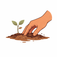 TillerDad — a hand tilling soil with a sprout growing